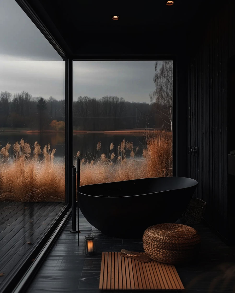 Black spa tub in dark wood bathroom