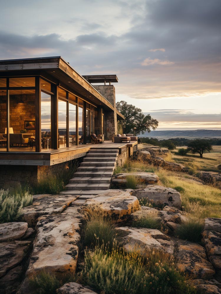 Long Wood Patio Ranch home sunset