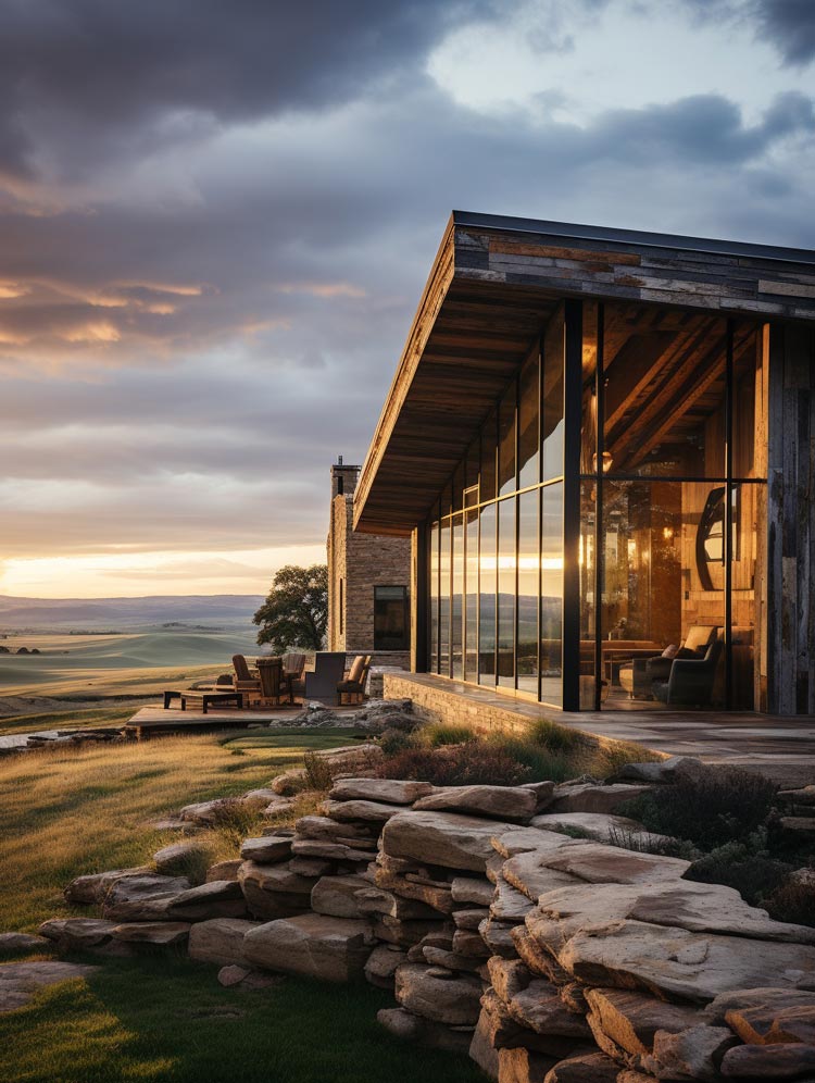 large windows overseeing sunset ranch home