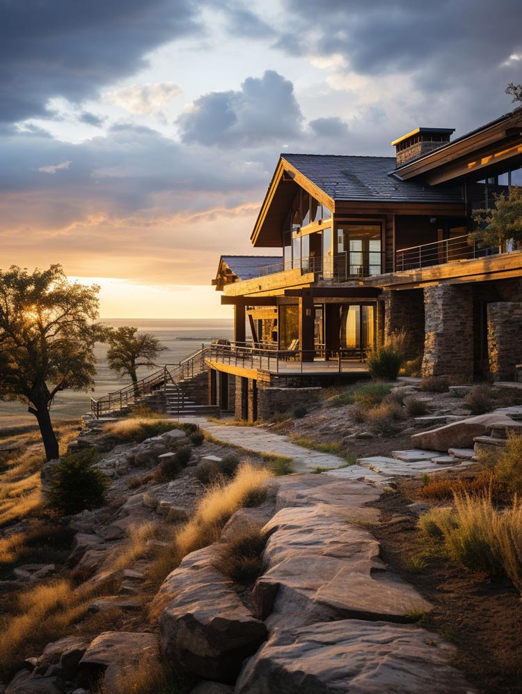 multi-story ranch home sunset