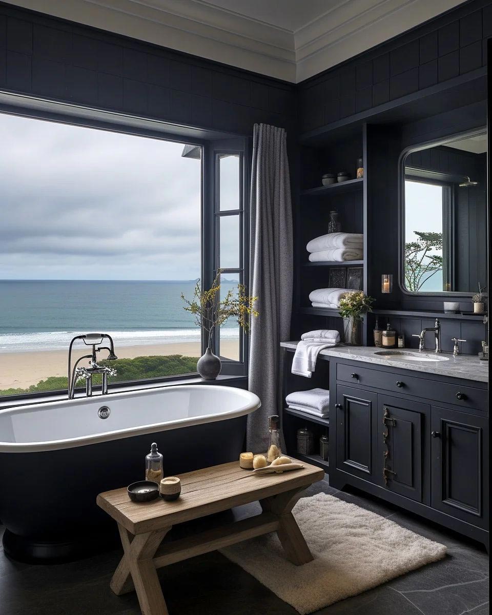 small cottage bathroom with views of coastline