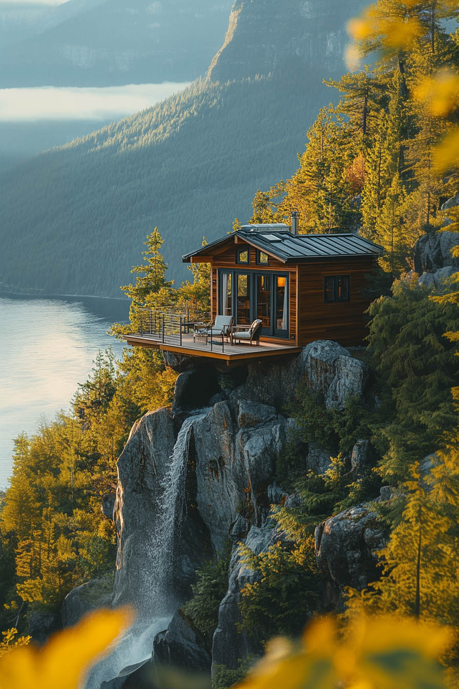 Small deck waterfall tiny home