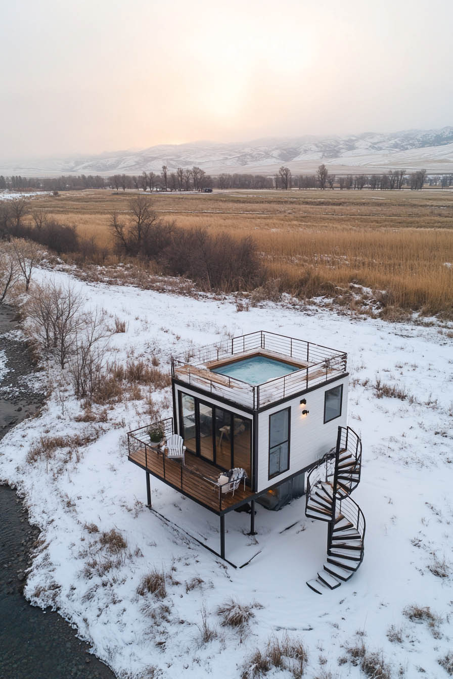 Tiny Home white walls in the snow