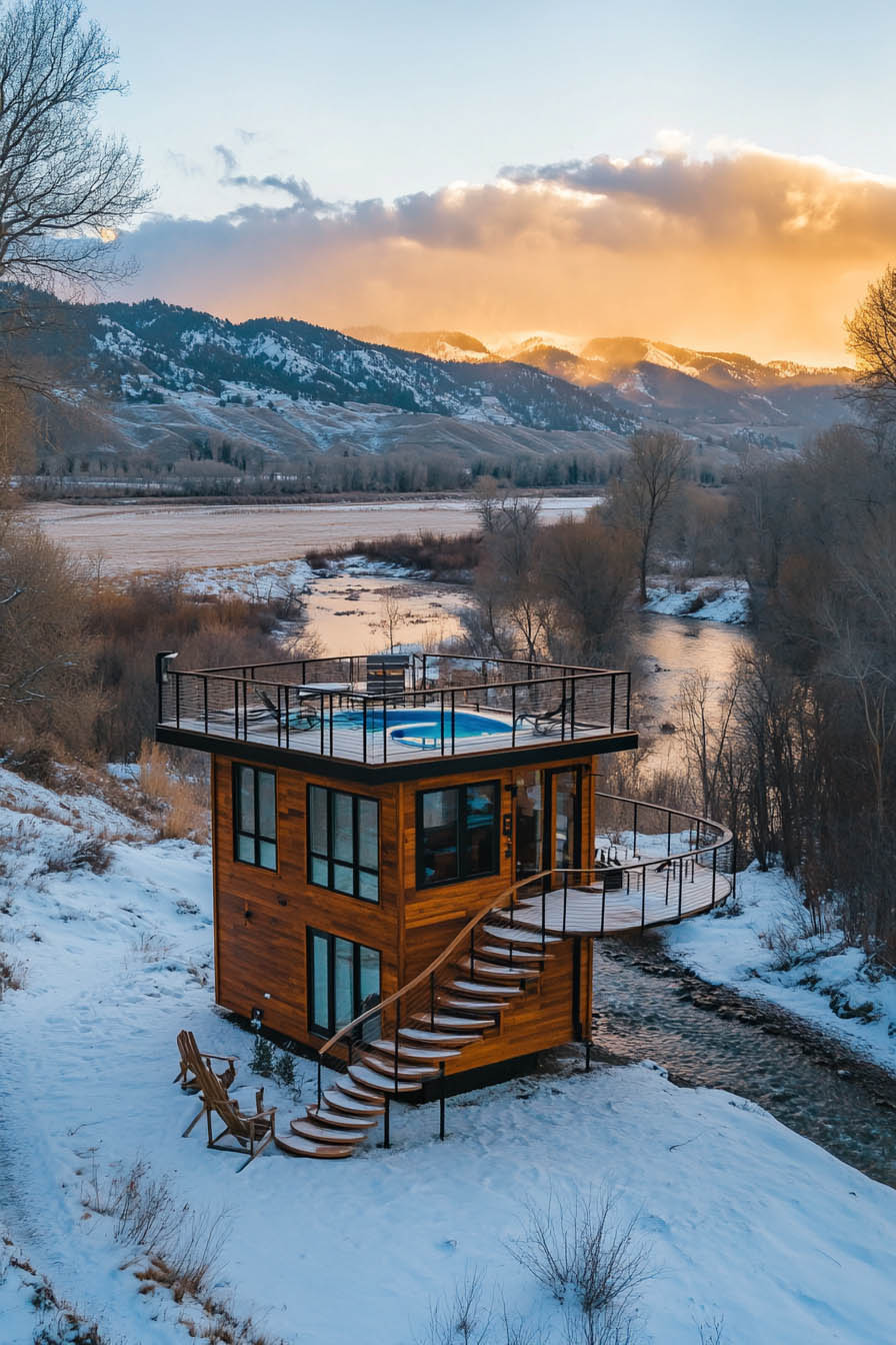 Tiny Home_ with stairs on the snowy mountain lake