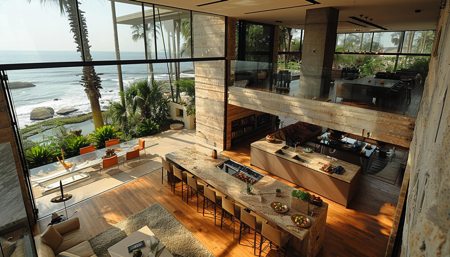 Dark-rich-wood-flooring-in-beach-home-overlooking-water