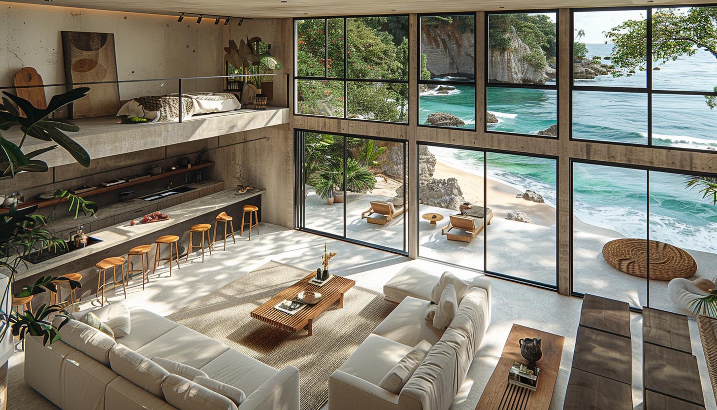 Living and dining area beach home views