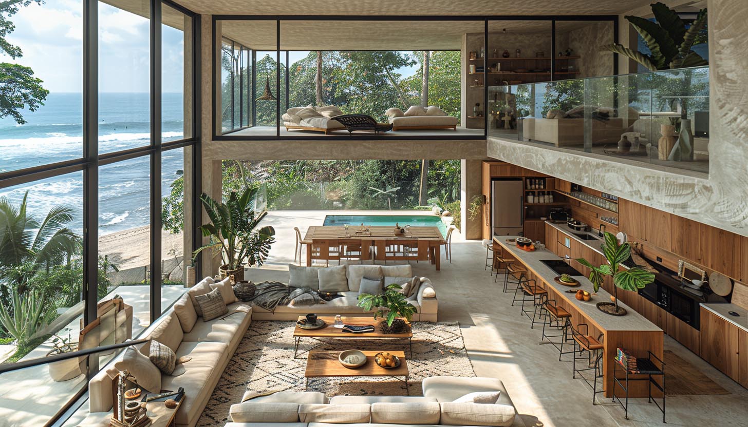 Living room with large L-sectional couches and long kitchen seating area