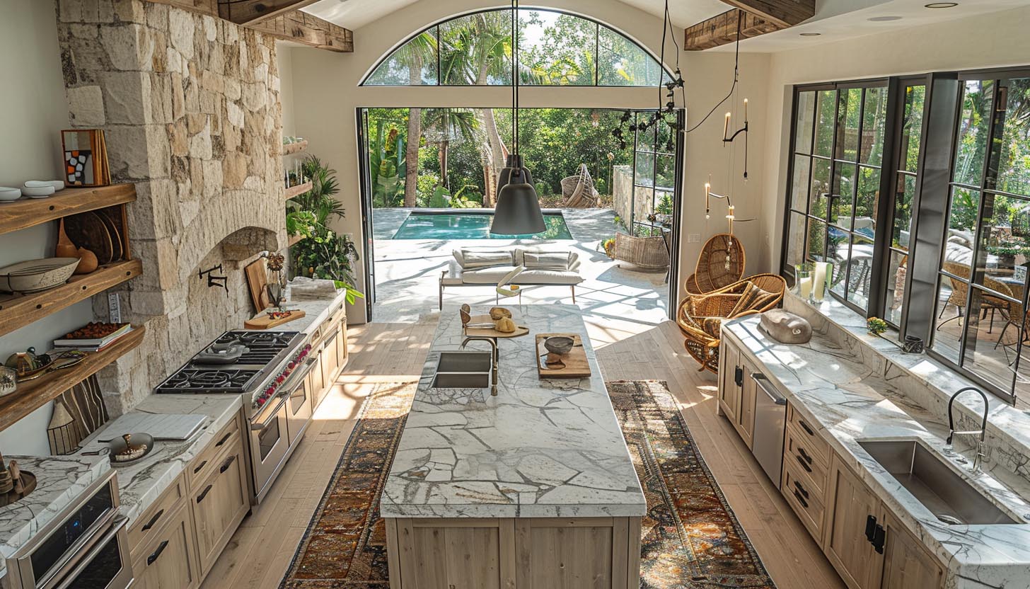Natural white washed stone beach home kitchen