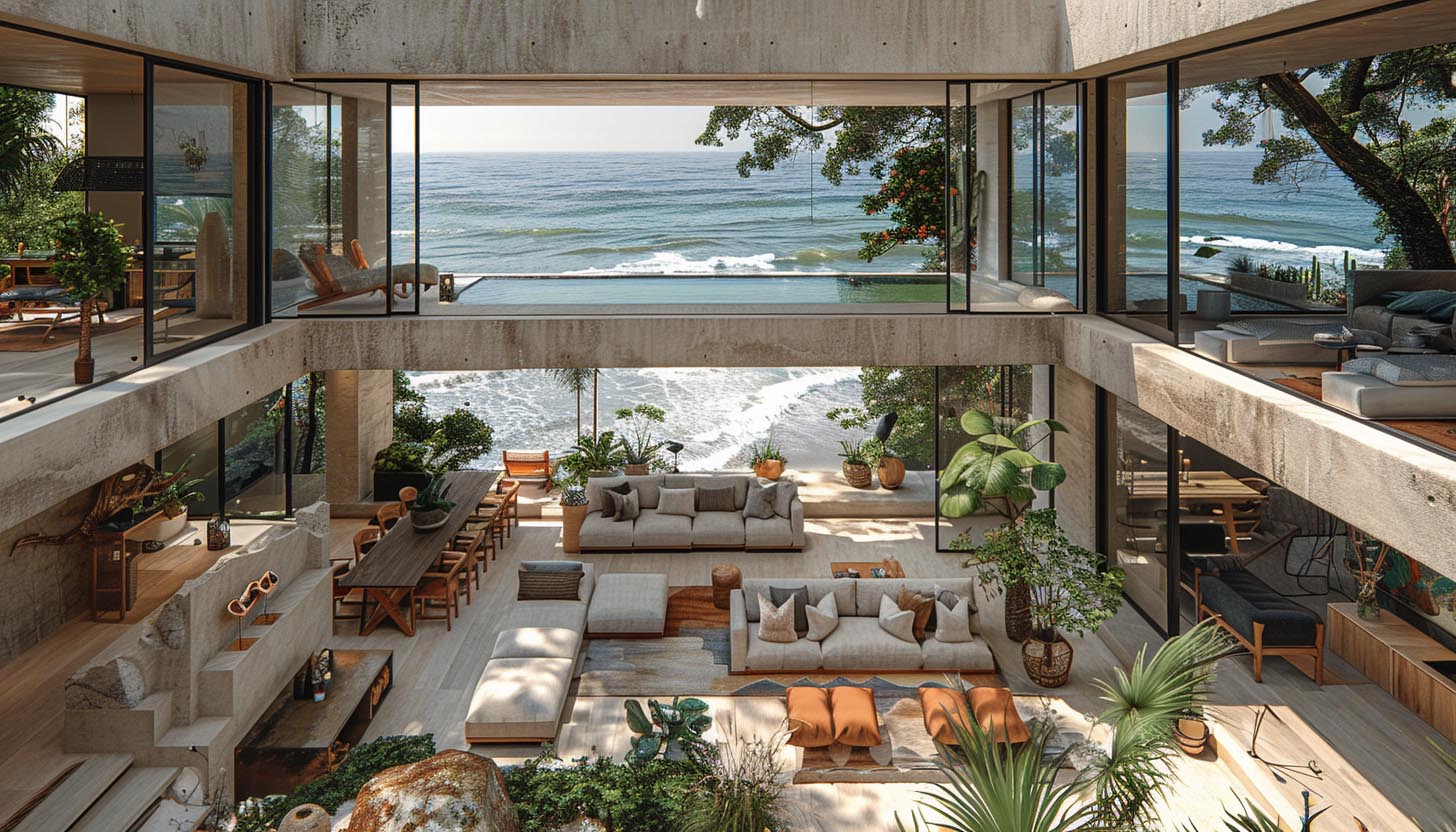 Open concept living room beach home design