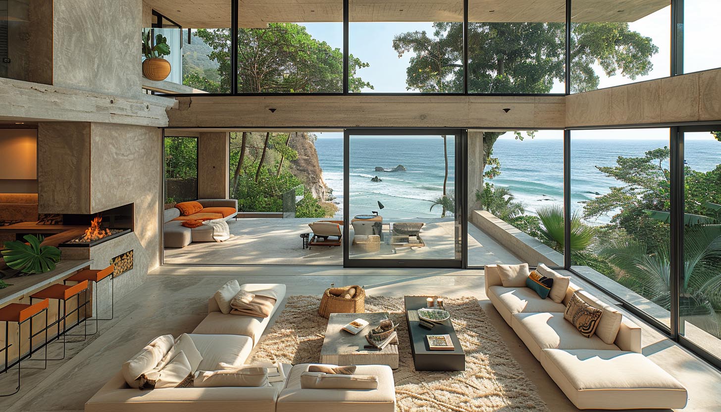 Sliding doors open to outdoor beach home seating