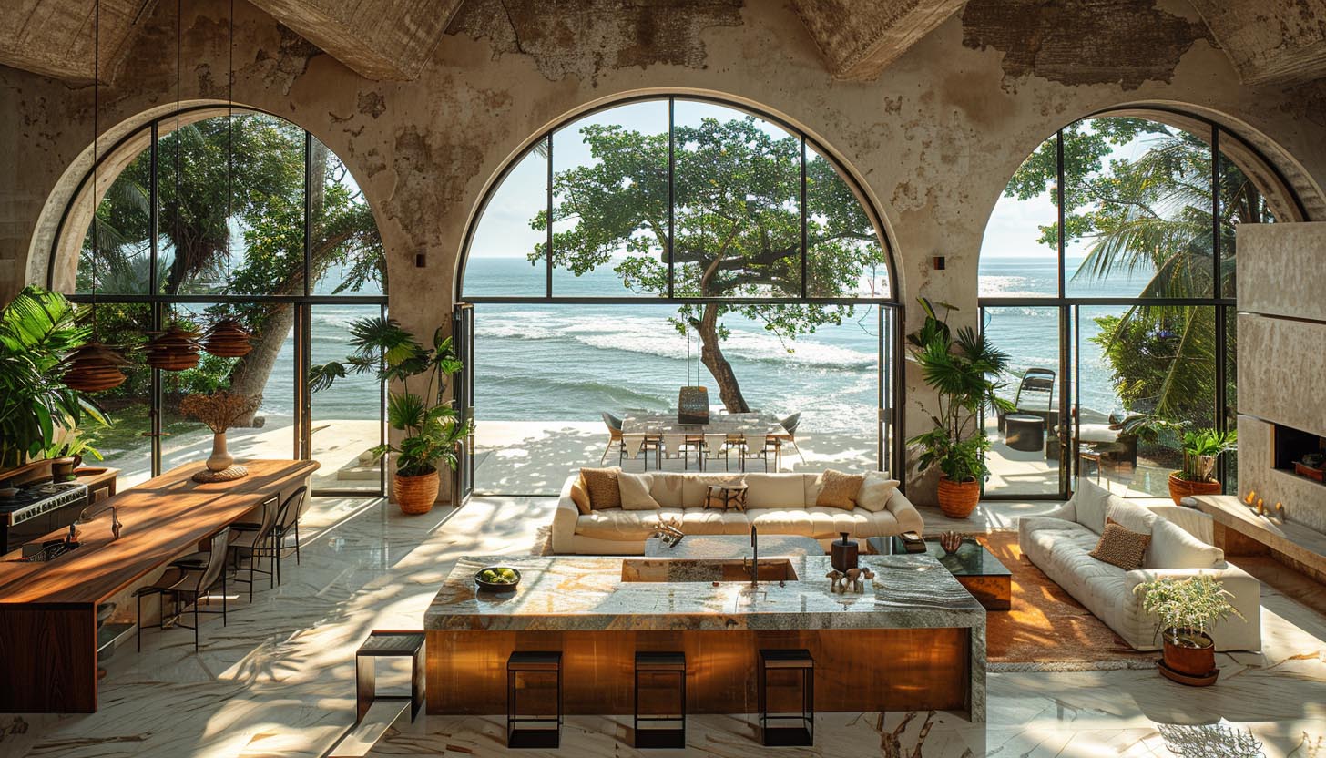 Stone arch living room beach home design