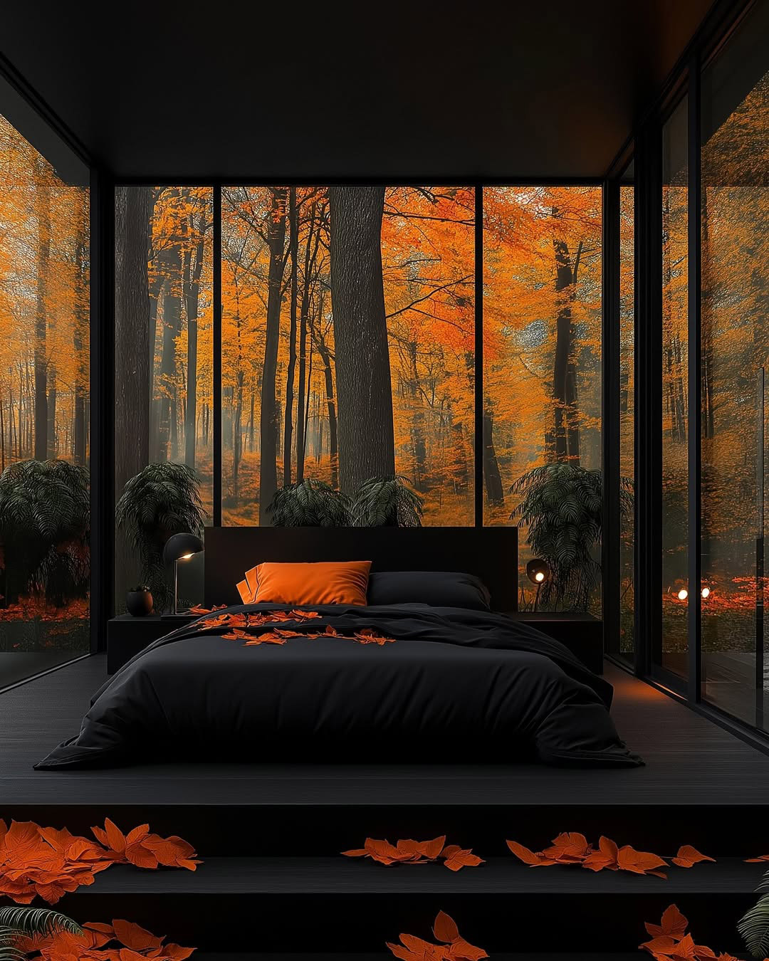 All black bedroom in a modern secluded home in the woods