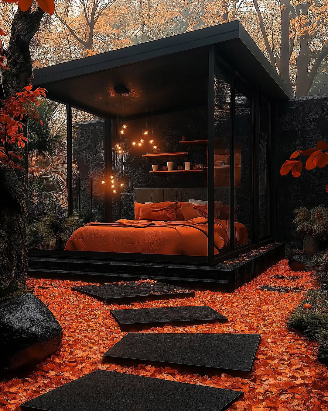 All black bedroom with large soft light bulbs above the bed