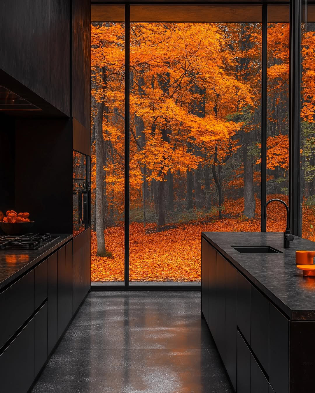 All black kitchen design with outdoor views of the fall