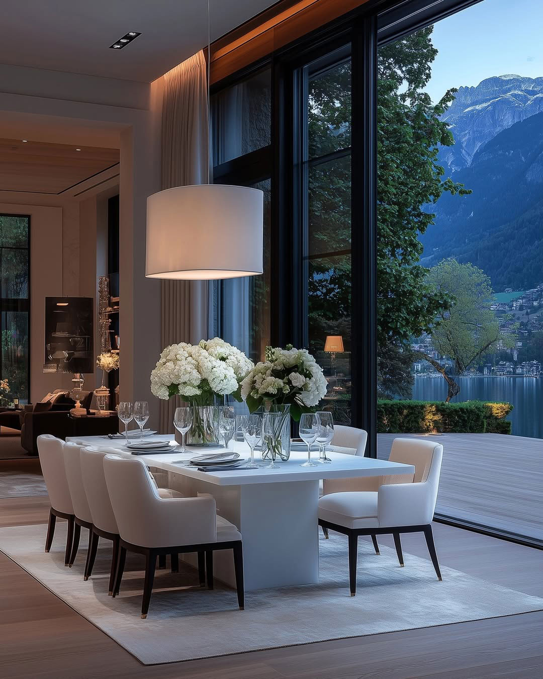 formal dining room with large white table