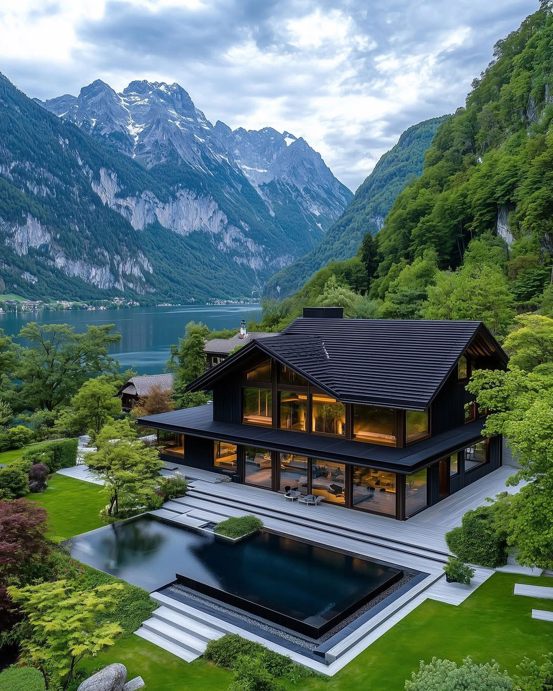 lakeside home with large wrap around windows