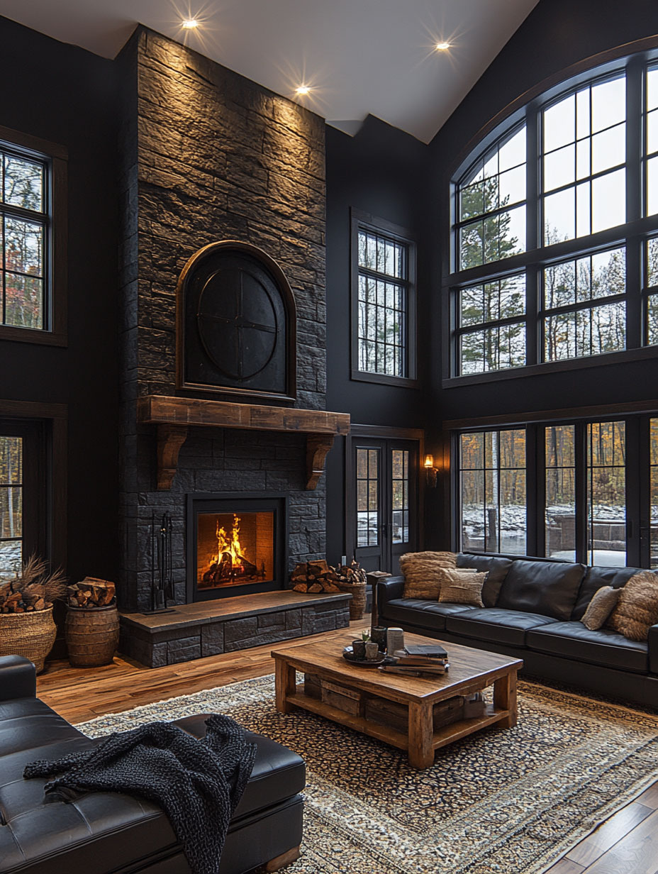 dark-living-room-design fireplace design