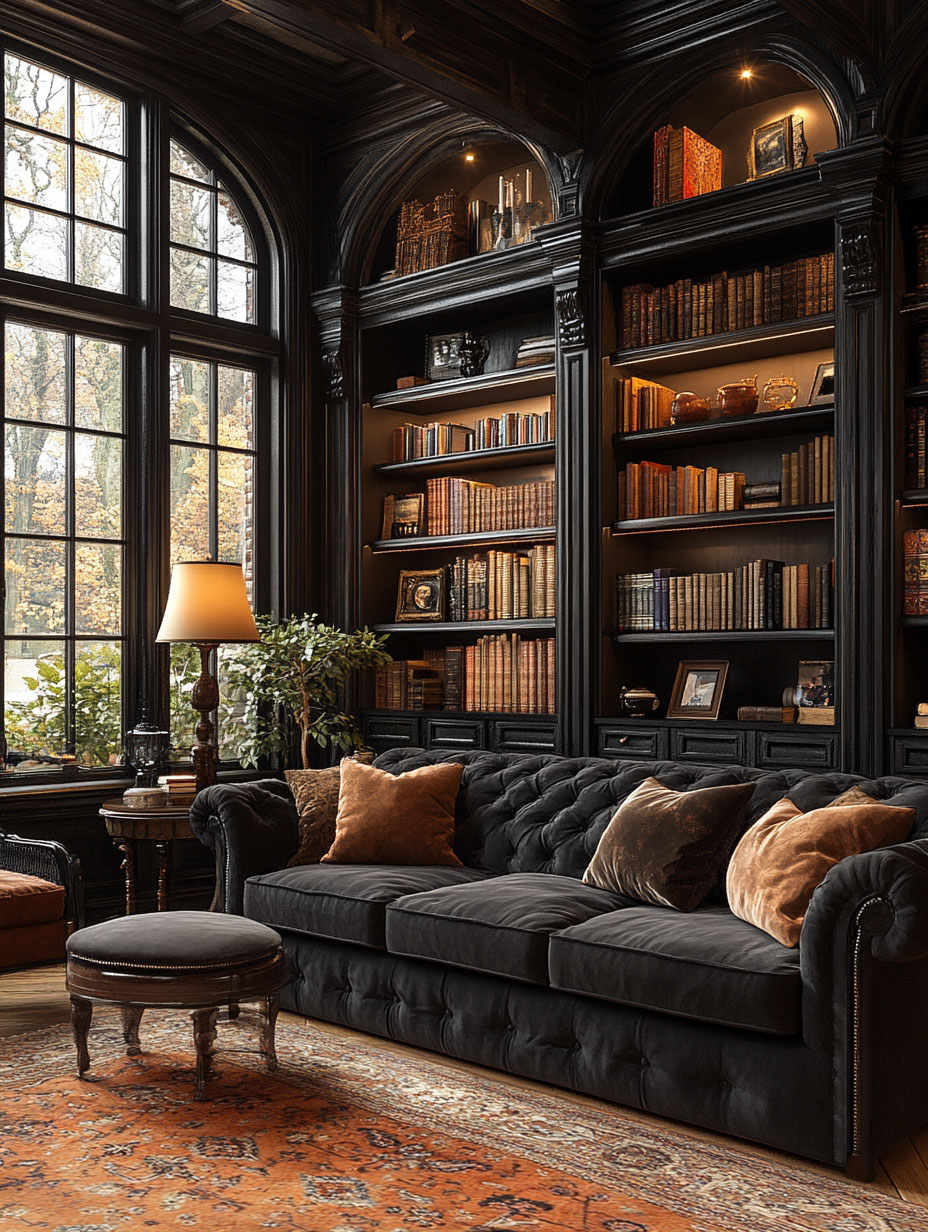 dark-living-room-design wall llibrary