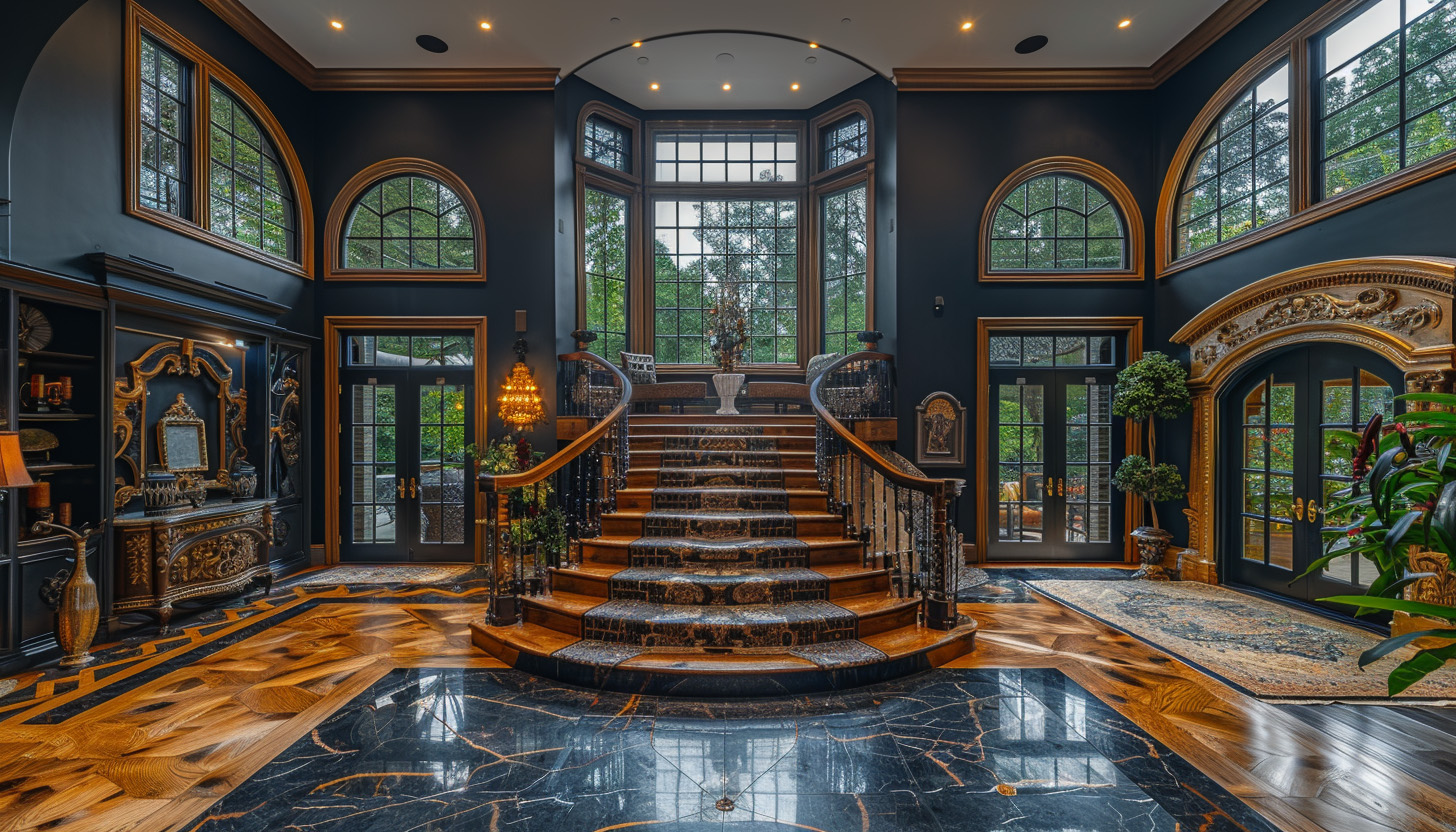 Storybook home foyer with stairs