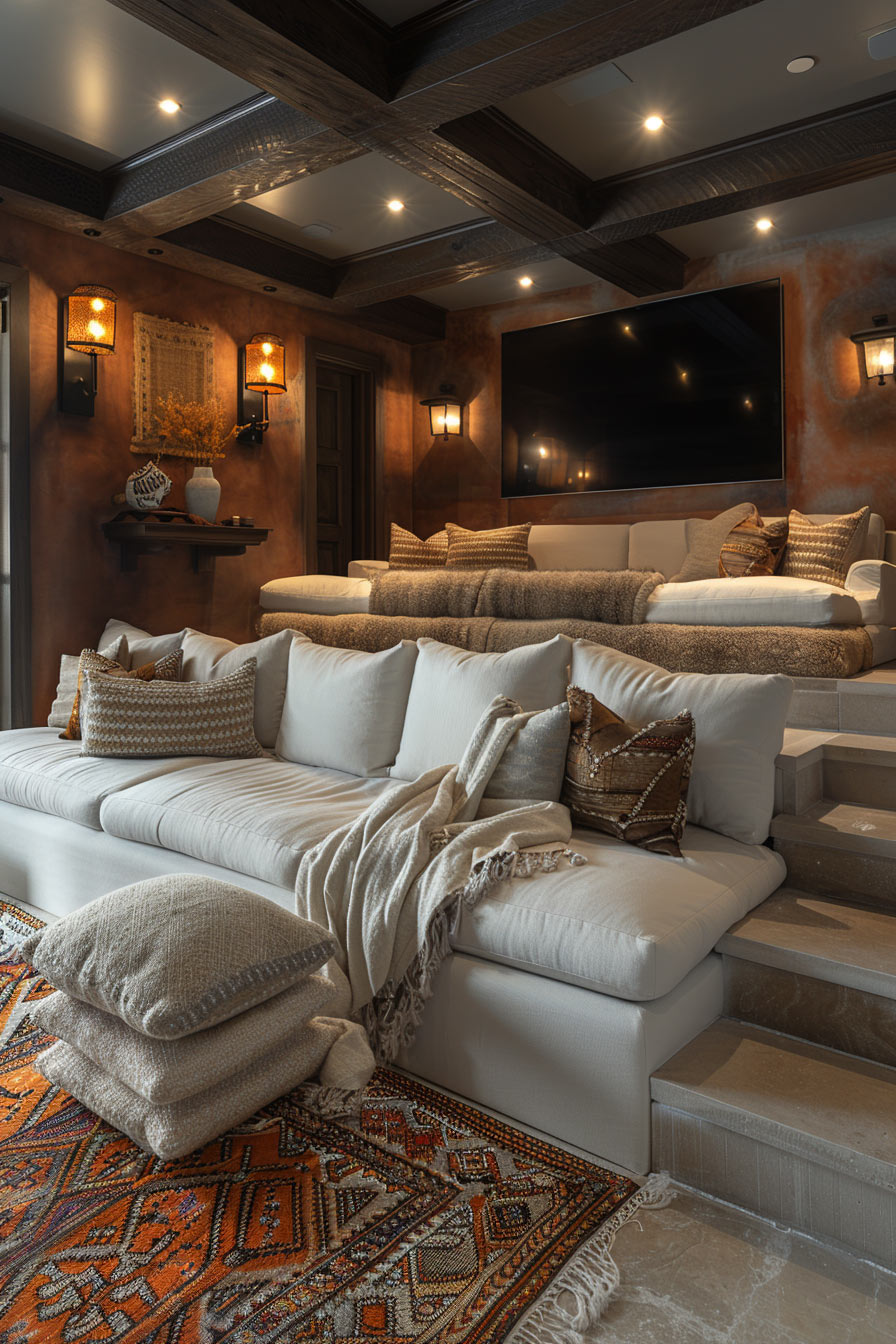 spanish-colonial multilevel movie room