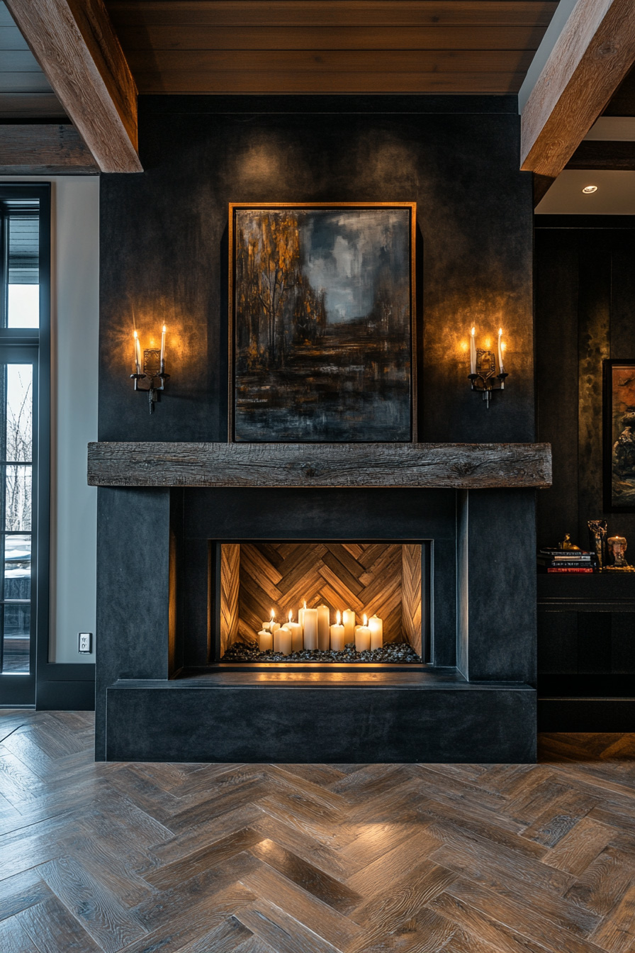 herringbone wood floor and slate fireplace