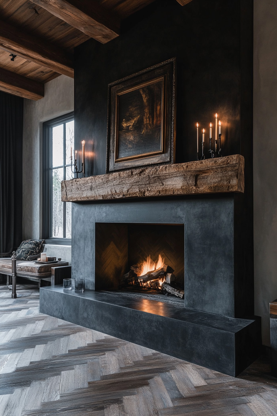 large wood mantle dark slate fireplace