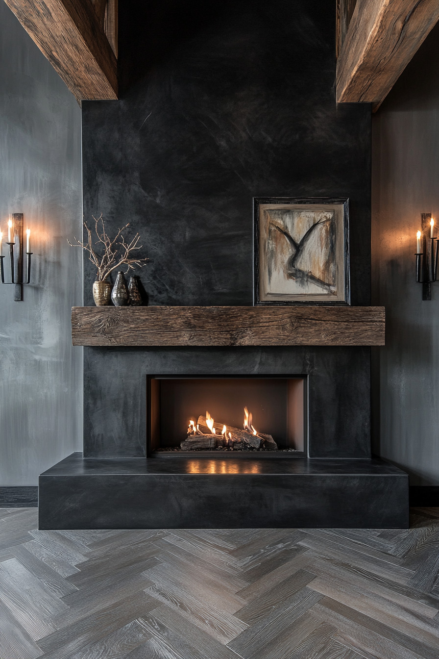 unique dark slate and tile fireplace