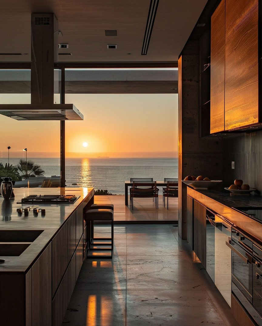 large modern style kitchen overlooking beach