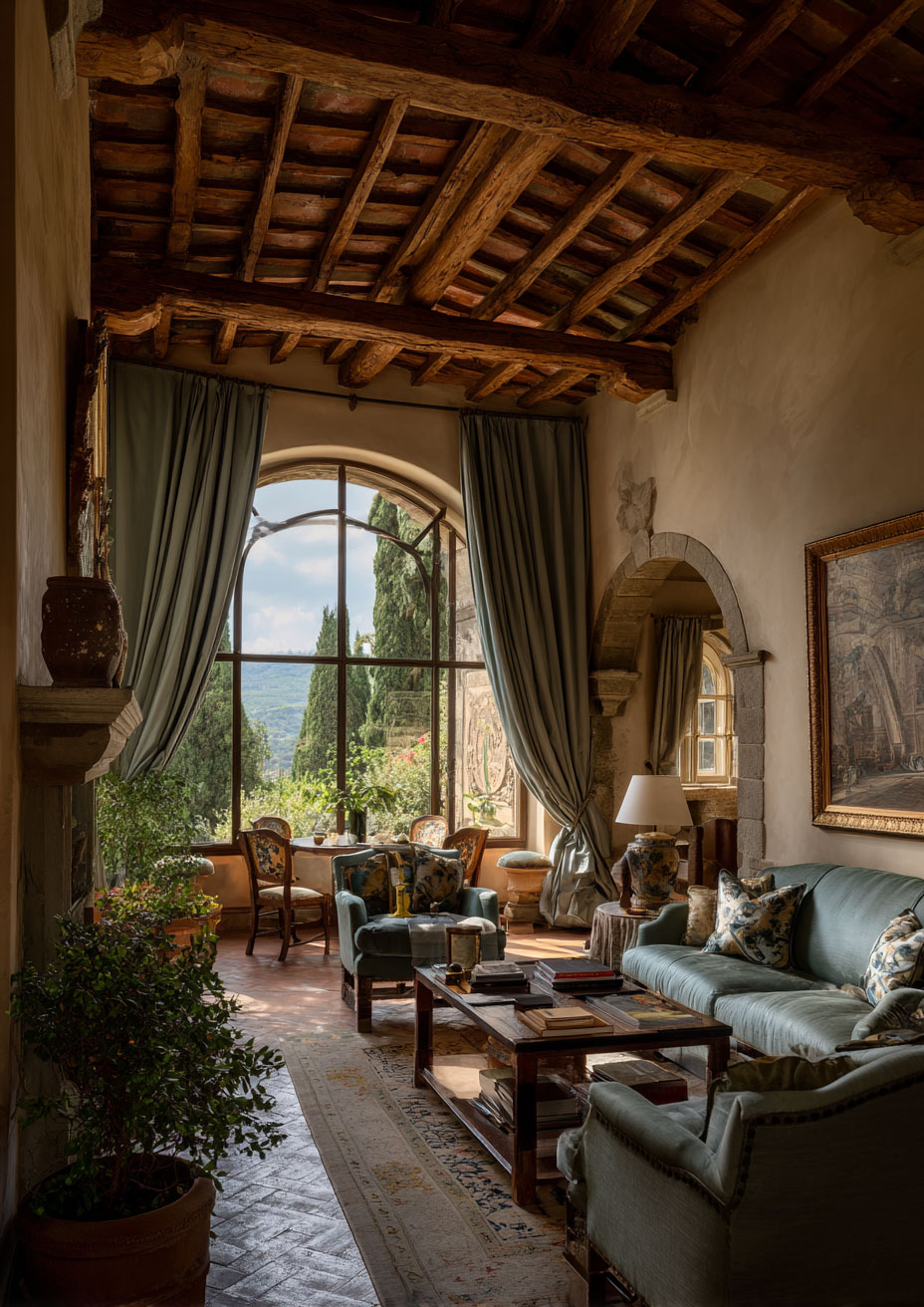 Spanish villa living room sage green curtains and couch