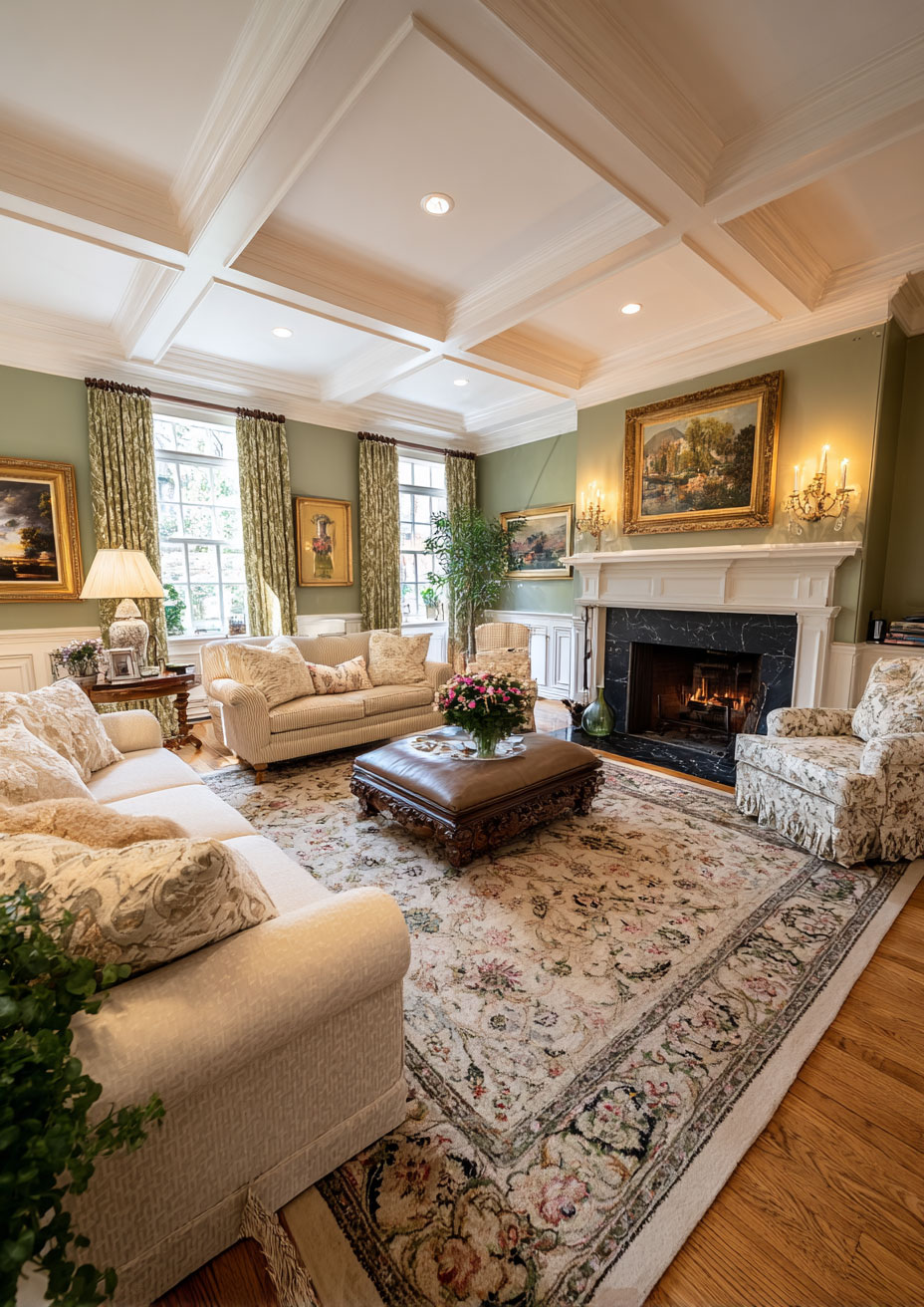 Traditional sage and cream living room design