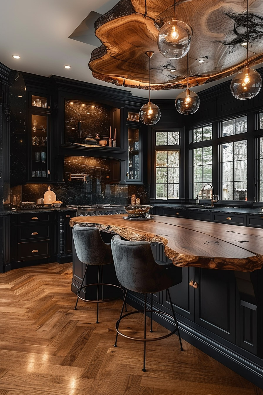 black-wood-kitchen-with-natural-wood-live-edge-island