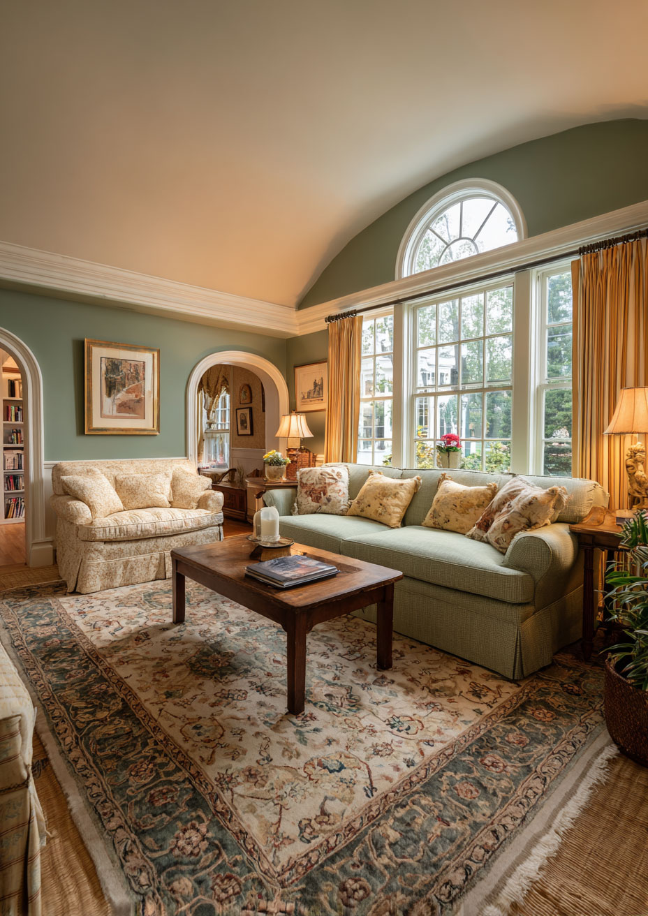 dutch colonial sage green walls living room