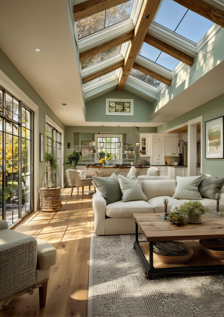 farmhouse sage green walls and wind lights