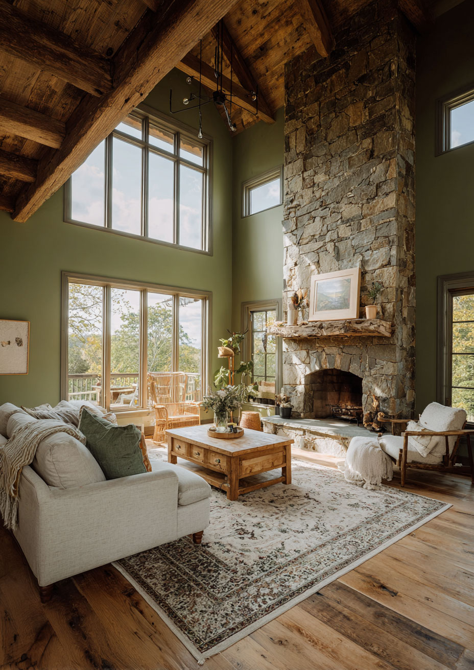 farmhouse traditional green walls with fire place
