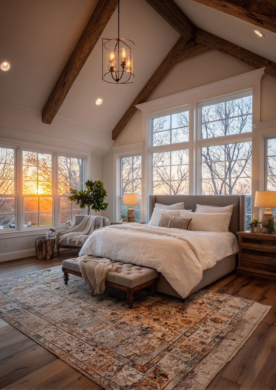 gray bedframe and white sheets master bedroom