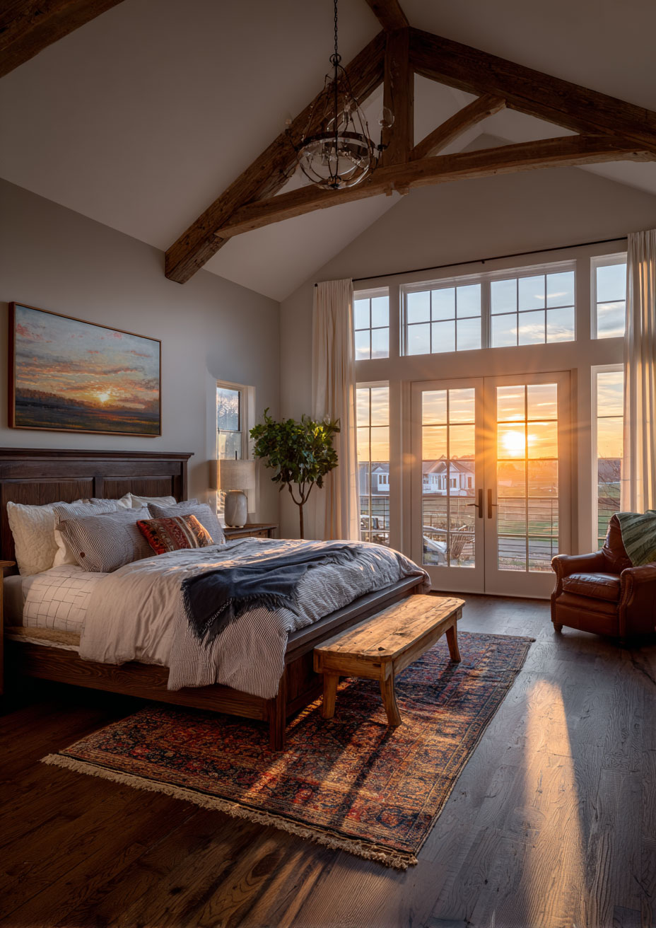 master bedroom with farmhouse sunset glow