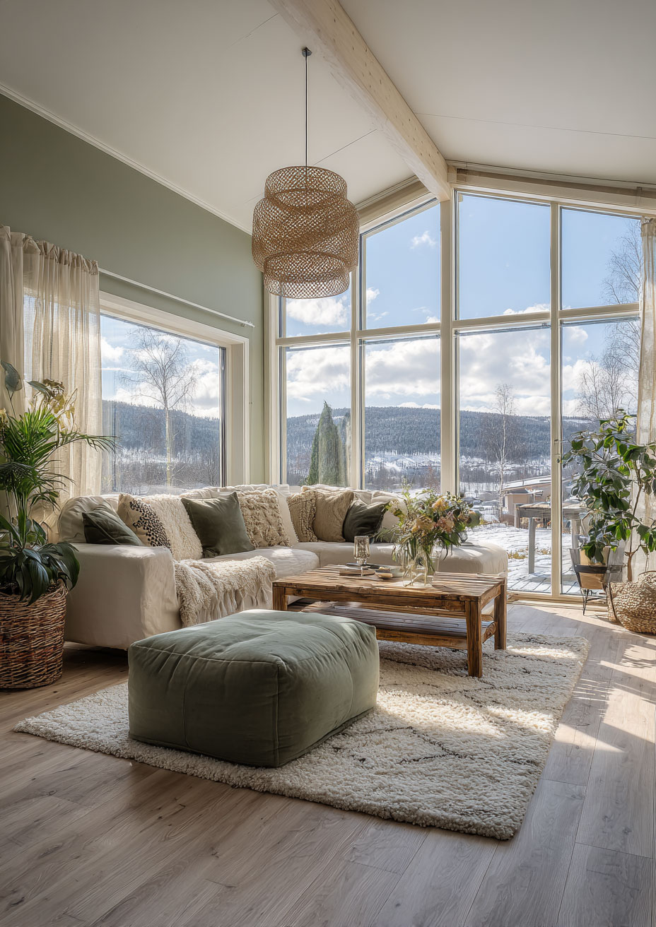 natural light living room with sage green walls