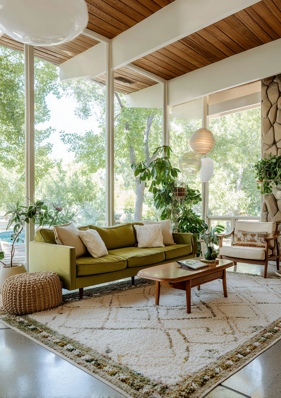 sage green modern couch and large windows living room