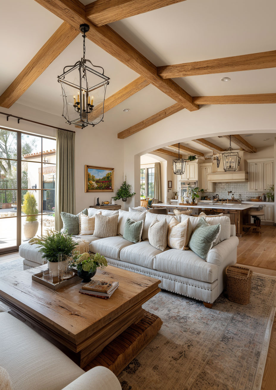 traditional home living room and kitchen with wood beams