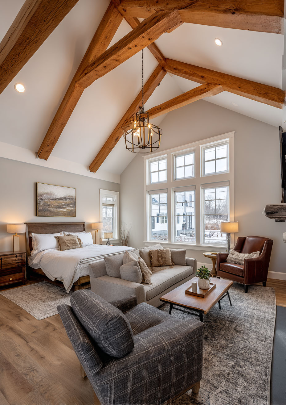 vaulted-ceilings-farmhouse-master-suite gray walls
