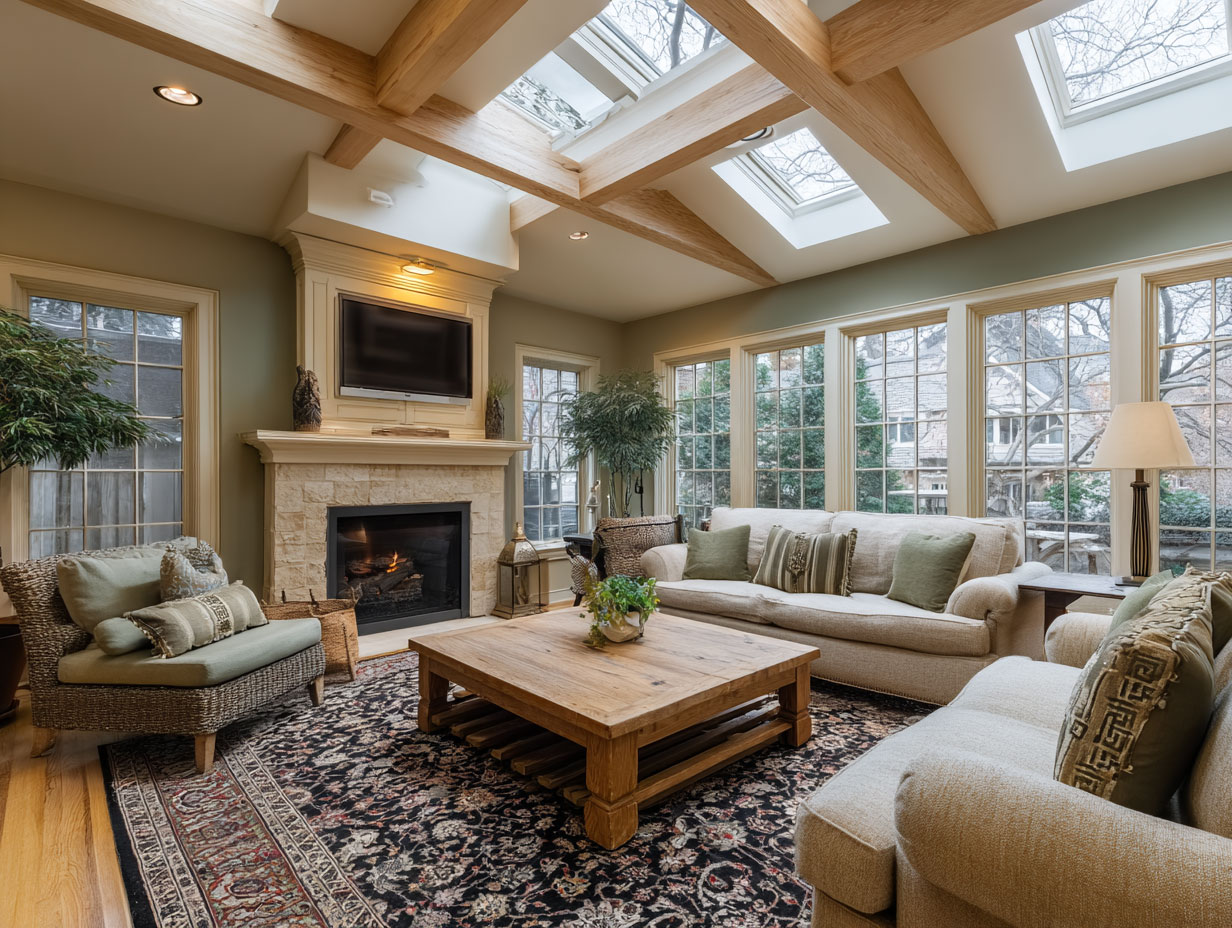 wood beams and sky light design