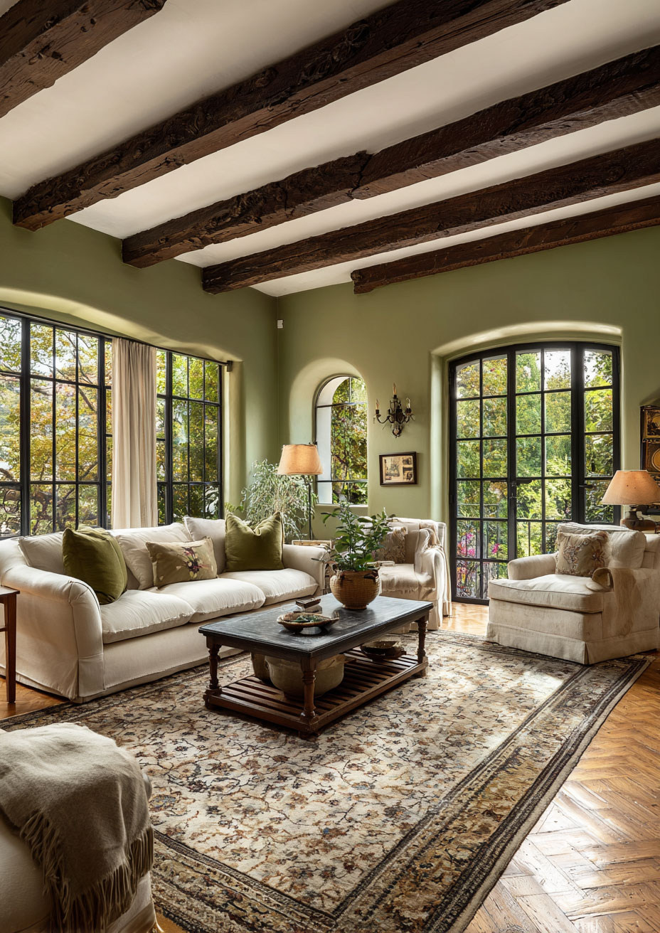 wood beams living room with cream couch